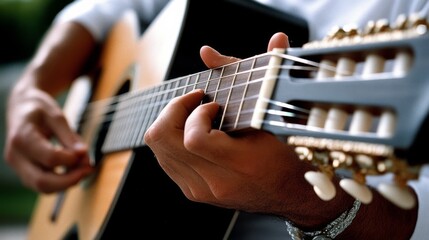 Obraz premium Hands passionately strumming a classical guitar, the strings vibrating with intricate, melodious rhythms.