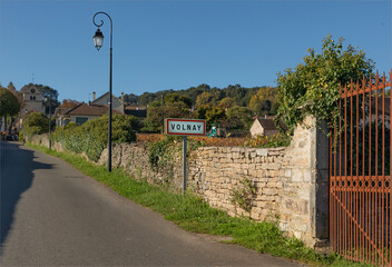 Looking down a road towards the village of Volnay in the Burgundy region