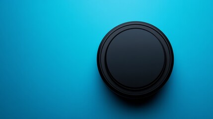 A minimalist top-down view of a black camera lens cap set against a bright teal background, creating a bold and modern composition.