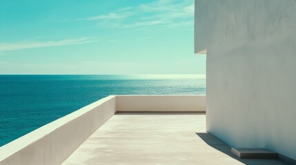 A minimalist seaside balcony overlooks the vast ocean, blending modern architecture with endless watery horizons under a clear turquoise sky.