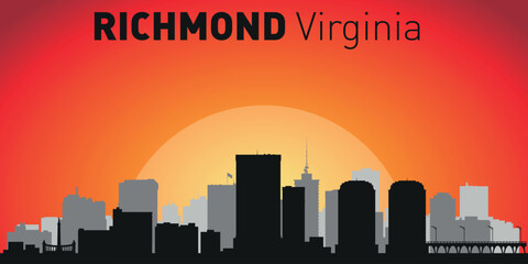 Fototapeta premium Richmond city skyline with silhouettes of buildings against the backdrop of a large yellow sun and orange sky. Vector on the background of sunset