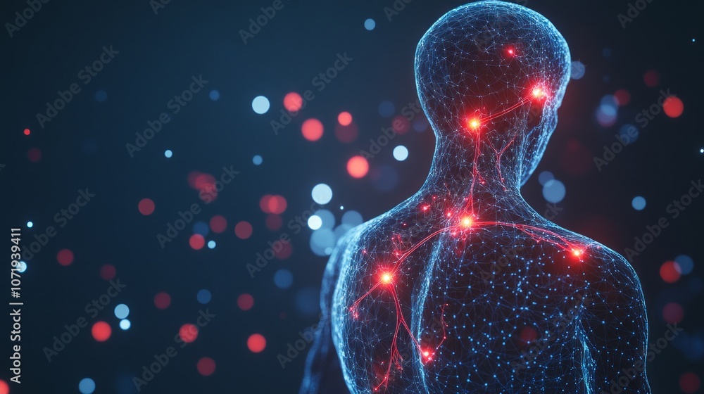 Poster a person's body is shown in a computer generated image with red and blue lights
