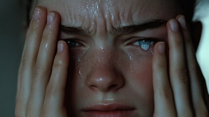 Obraz premium Close-up of a tearful face, portraying intense emotion and vulnerability, framed by hands.