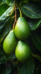 Fresh green avocados hanging on a branch with dew droplets.