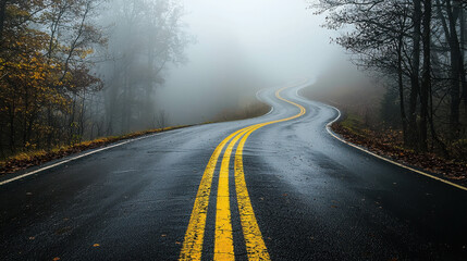 Fototapeta premium Winding Road Through Foggy Forest, Capturing Mysterious Atmosphere and Serene Nature with Curved Asphalt and Yellow Lines on a Gloomy Day