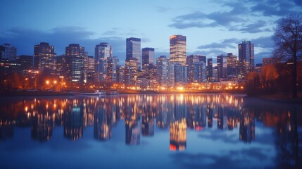 Obraz premium City lights reflect on a tranquil river, with the skyline silhouetted against the deep blue of twilight, capturing urban serenity.