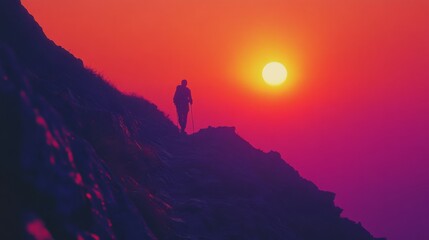 Obraz premium Lone hiker on mountain path with sunset backdrop, surrounded by vibrant hues, epitomizing exploration and freedom.