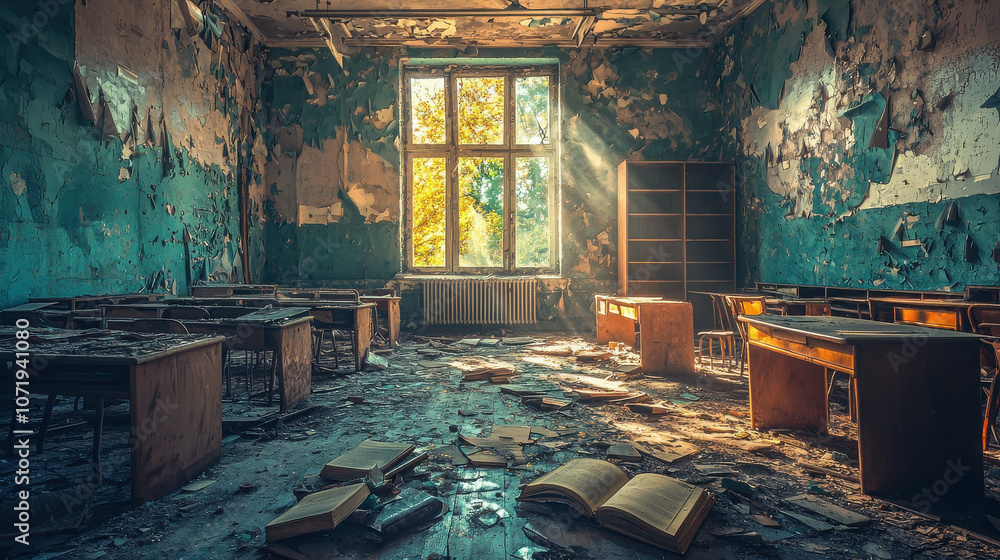 Aufkleber abandoned classroom with dusty desks and broken windows illuminated soft sunlight streaming through 