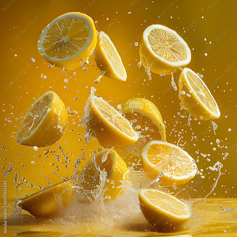 Poster fresh lemon slices splashing in water against vibrant yellow background, creating dynamic and refres