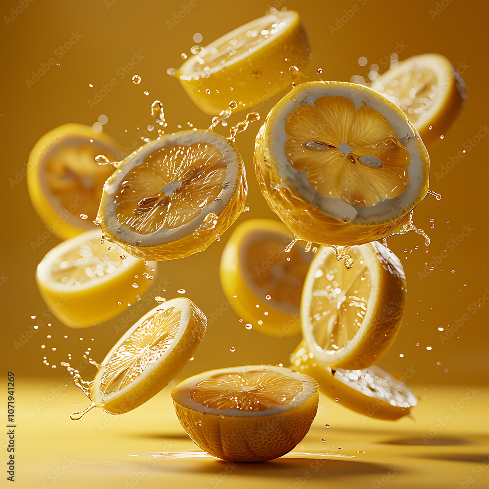 Aufkleber fresh lemon slices splashing in air, creating vibrant and dynamic scene. bright yellow color and wat