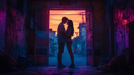 Obraz premium Romantic couple silhouetted against a vibrant sunset in an urban setting.