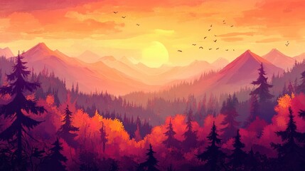 Majestic Autumn Sunset Over Mountain Forest