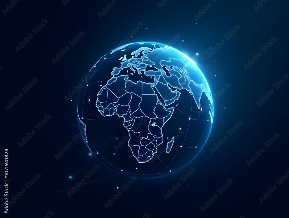 Poster a digital representation of the earth with glowing lines extending outward, symbolizing global conne