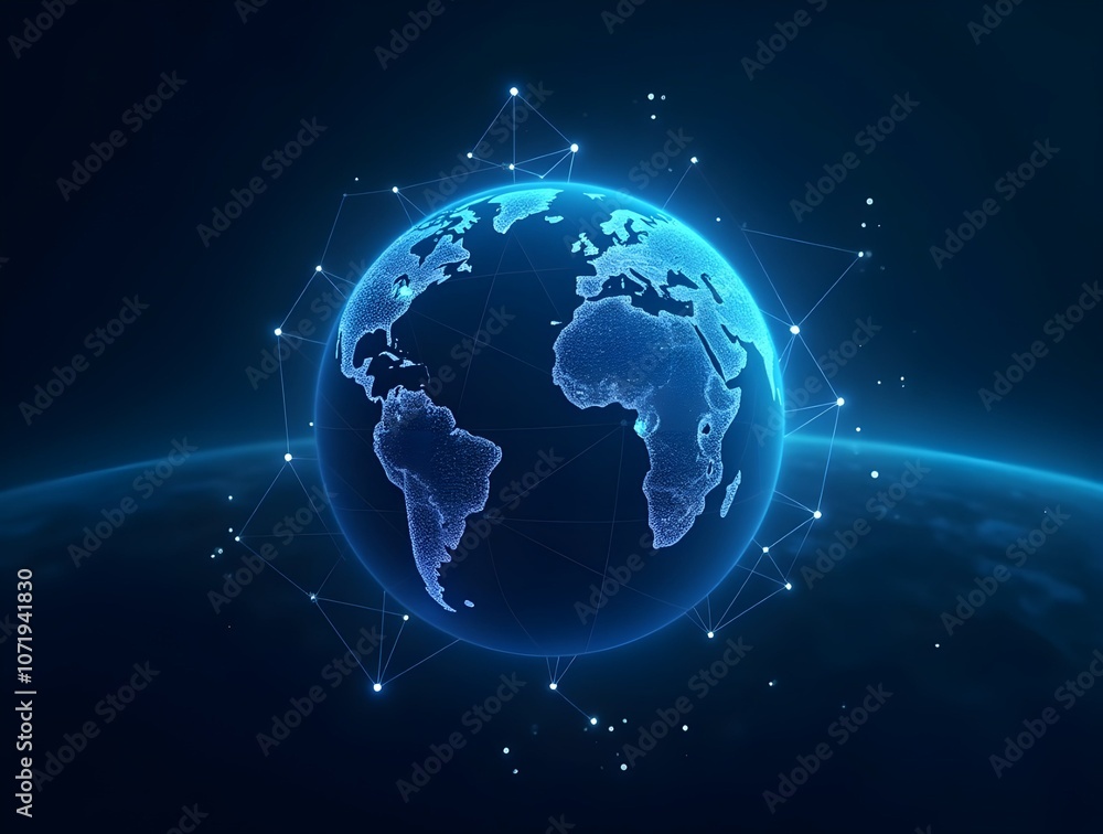 Poster a digital representation of the earth with glowing lines extending outward, symbolizing global conne