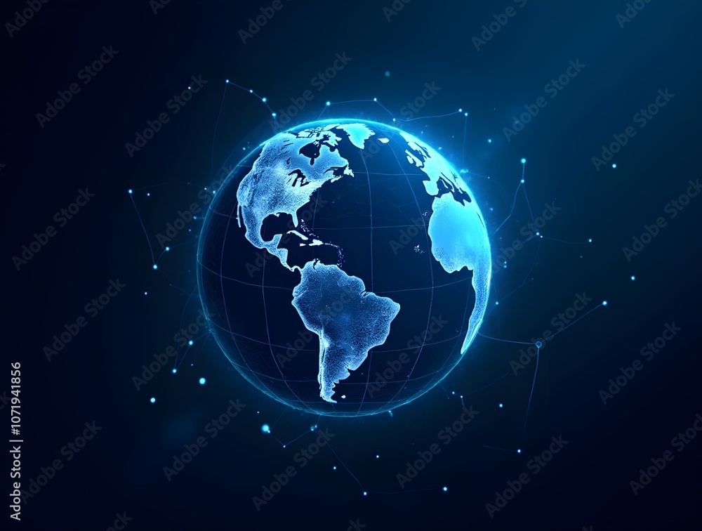 Poster a digital representation of the earth with glowing lines extending outward, symbolizing global conne