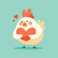 Cute cartoon vector chicken illustration isolated on green background. Happy chicken holding heart. Farm animal mascot. Children's style. Clipart and sticker.