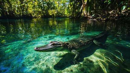 Fototapeta premium Majestic Alligator Swimming Gracefully in Crystal Clear Waters Surrounded Lush Green Forest, Tropical Habitat, Natural Wildlife Photography