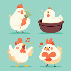 Cute cartoon chicken vector illustrations set. Farm animals. Funny chickens in different poses isolated from background. Clipart and sticker.