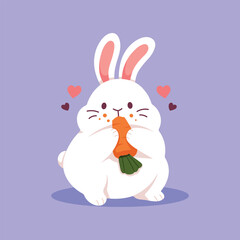 Fototapeta premium Rabbit eats a carrot. Cute cartoon little bunny. Funny animal. Easter Bunny. Vector flat illustration isolated on purple background.