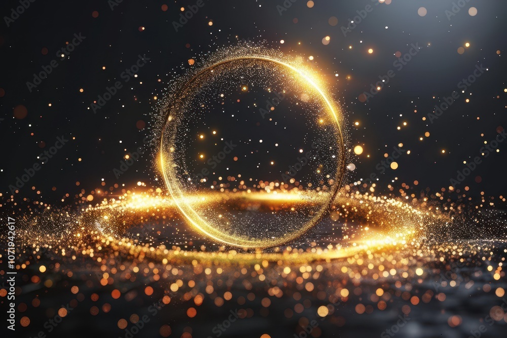 Poster a glowing circular shape surrounded by shimmering particles and light effects.