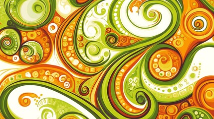 A vibrant abstract design featuring swirling patterns in green and orange hues.
