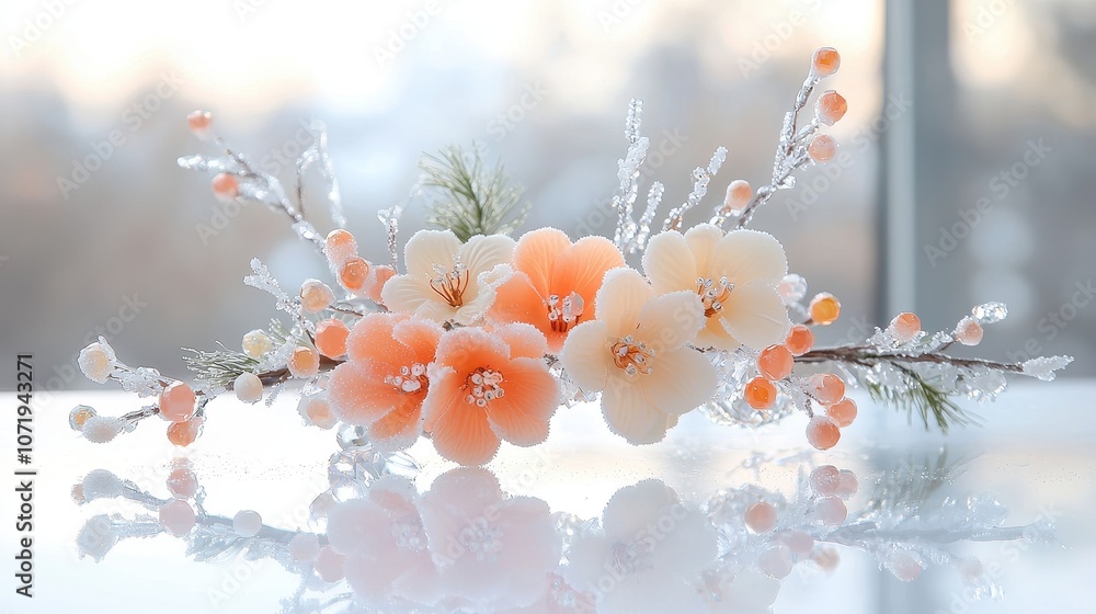Poster delicate peach flower arrangement with frosted accents on a reflective surface, creating a soft and 