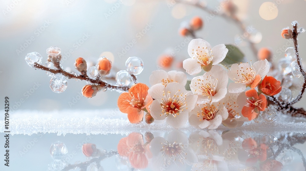Poster delicate spring blossoms with frosty accents on a reflective surface, creating a serene nature scene