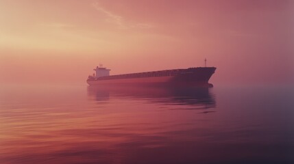 Obraz premium A cargo ship glides through calm waters under a serene, purple dusk, evoking the mystery and vastness of a journey across a tranquil sea.
