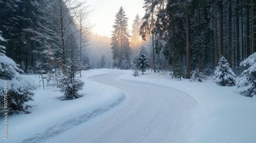 Poster serene winter pathway through a snow-covered forest at dawn with soft light filtering through the tr