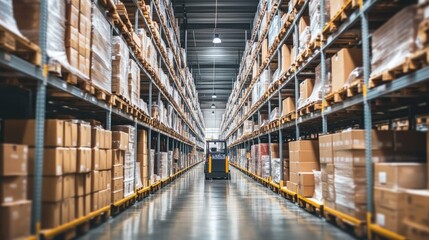 Fototapeta premium Modern Warehouse with AGVs Transferring Goods