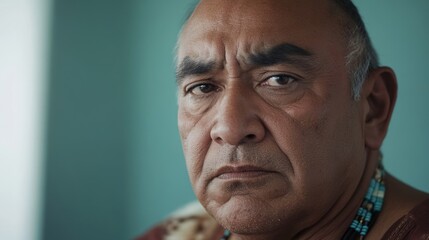 Fototapeta premium Intense emotions are captured as a person gazes forward, their expression thoughtful and evocative against a muted backdrop.