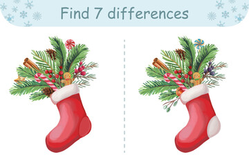 Christmas find differences game for kids Festive preschool activity with Christmas red sock and fir tree branches