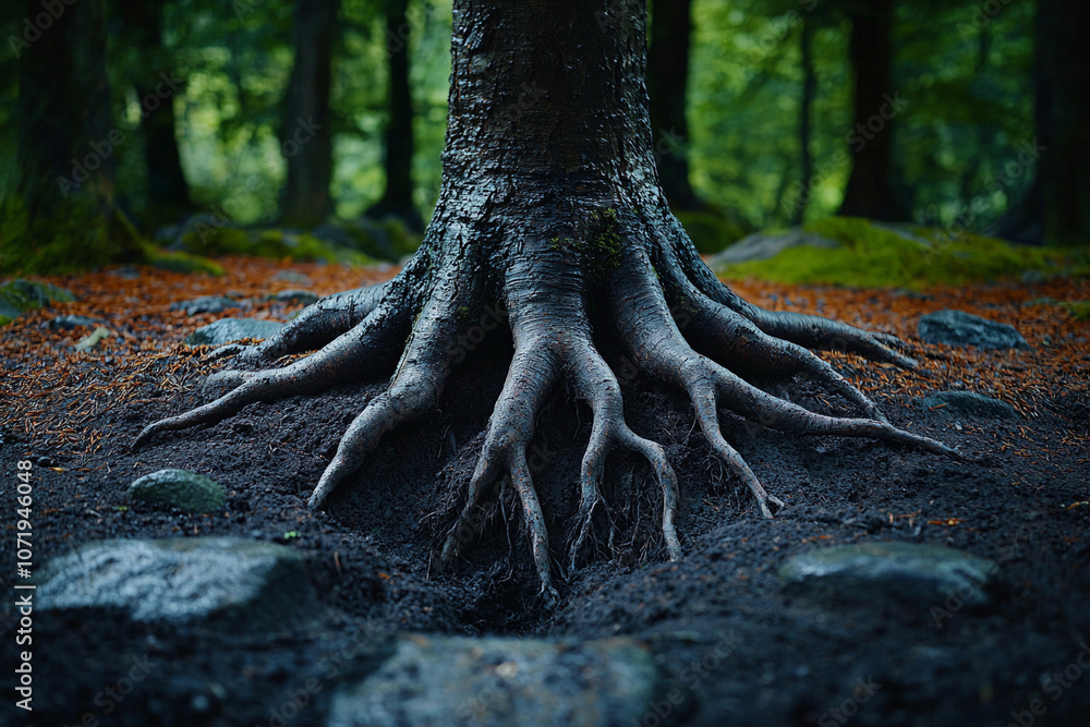 Poster detailed close-up of a tree's roots in a serene forest setting