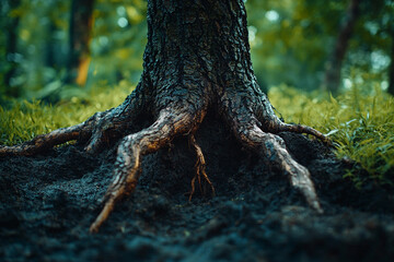 Fototapeta premium Detailed view of tree roots in a lush forest during early morning