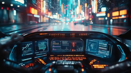 The view from a high-tech car dashboard overlooks a neon-lit city street blurred by rain, encapsulating futurism and technological advancement.