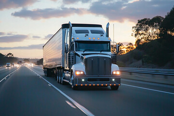 Obraz premium Large truck driving on highway at sunset with beautiful sky