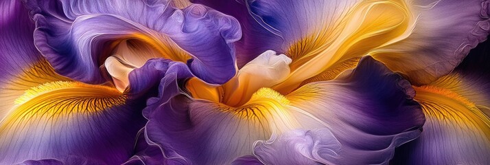 Obraz premium Art iris in rich purples and yellows, each petal curling like smoke in an elegant, abstract composition
