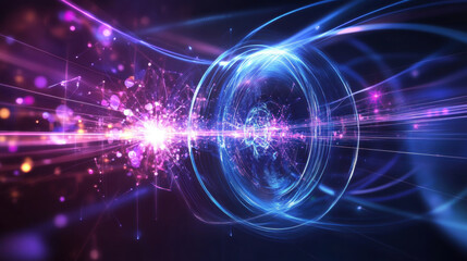 Obraz premium Quantum communication network, entangled particles transmitting data via light beams, futuristic digital environment.