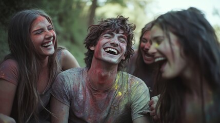 Obraz premium A group of friends bursts into laughter, their clothes covered in vibrant colors, embodying joy and camaraderie outdoors.