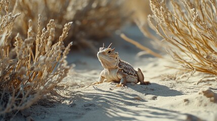 A desert lizard basks in the sandy sunlit environment, blending into its arid habitat with camouflaging precision.