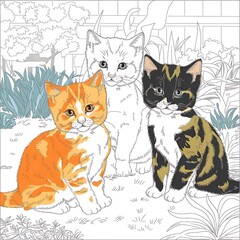 Obraz premium Three cats are sitting next to each other, for the coloring page 