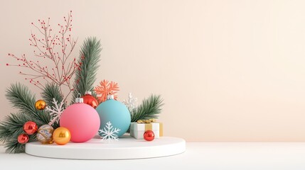 Stylish Christmas Decoration with Colorful Ornaments, Pine Branches, and Festive Accents Set Against a Soft Neutral Background for Holiday Cheer