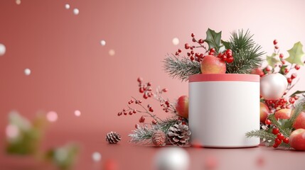 Festive Holiday Gift Box Surrounded by Christmas Decor, Including Snowy Pine Cones, Red Apples, and Winter Greenery on a Soft Pink Background