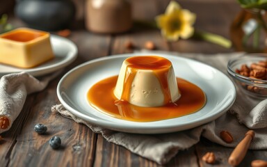 A creamy dessert, topped with a caramel sauce, is ready to be enjoyed on a wooden table