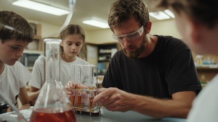 A teacher guides young students through a hands-on science experiment, fostering curiosity and learning.