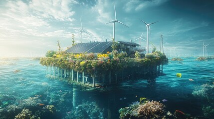 Obraz premium A futuristic eco-friendly house with solar panels and wind turbines on a floating island in the ocean.