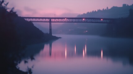 Fototapeta premium In a dreamy twilight, a bridge spans across a mist-covered river, its silhouette reflected in the tranquil water below.