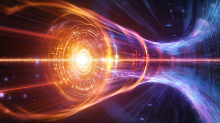 Obraz premium Quantum communication network, entangled particles transmitting data via light beams, futuristic digital environment.