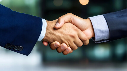 Two individuals clasp hands in a firm handshake, symbolizing agreement, partnership, or mutual respect in a professional setting.