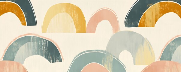 Abstract design featuring colorful, overlapping arches on a light background.
